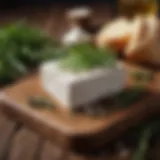 Goat cheese on a wooden board with fresh herbs