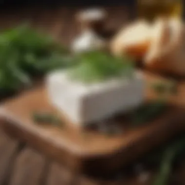 Aesthetic Presentation of Goat Cheese and Herbs Goat cheese on a wooden board with fresh herbs