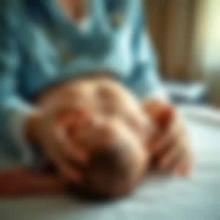 Close-up of a caregiver performing abdominal massage on a newborn