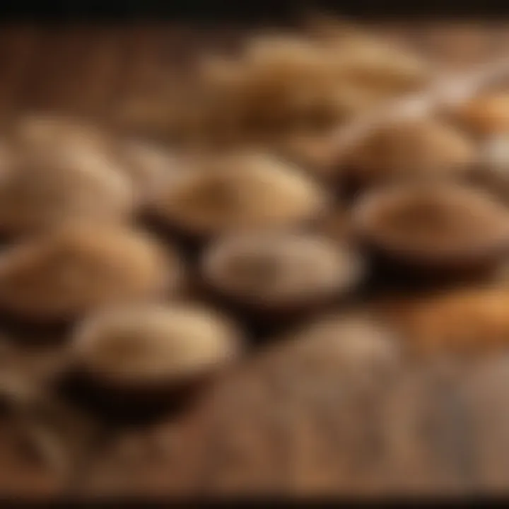 A variety of whole grains displayed on a wooden table