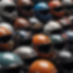 A close-up view of various British motorcycle helmet designs showcasing unique aesthetics.
