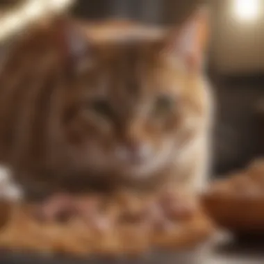 Curiosity in Feline Nutrition A close-up view of a curious cat exploring new food options.