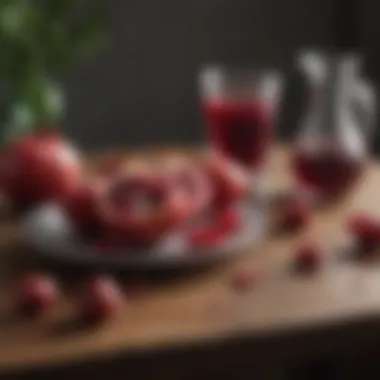 A serene setting with pomegranate juice and fresh pomegranates on a table.