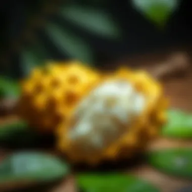 Fresh soursop fruit on a wooden table
