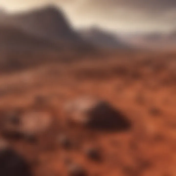 The rocky surface of Mars with its red terrain and prominent features, including craters and valleys.
