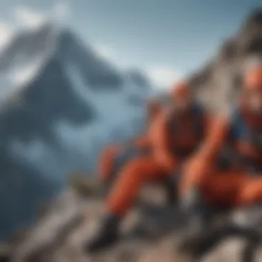 A group of climbers taking a break at a high elevation with visible fatigue