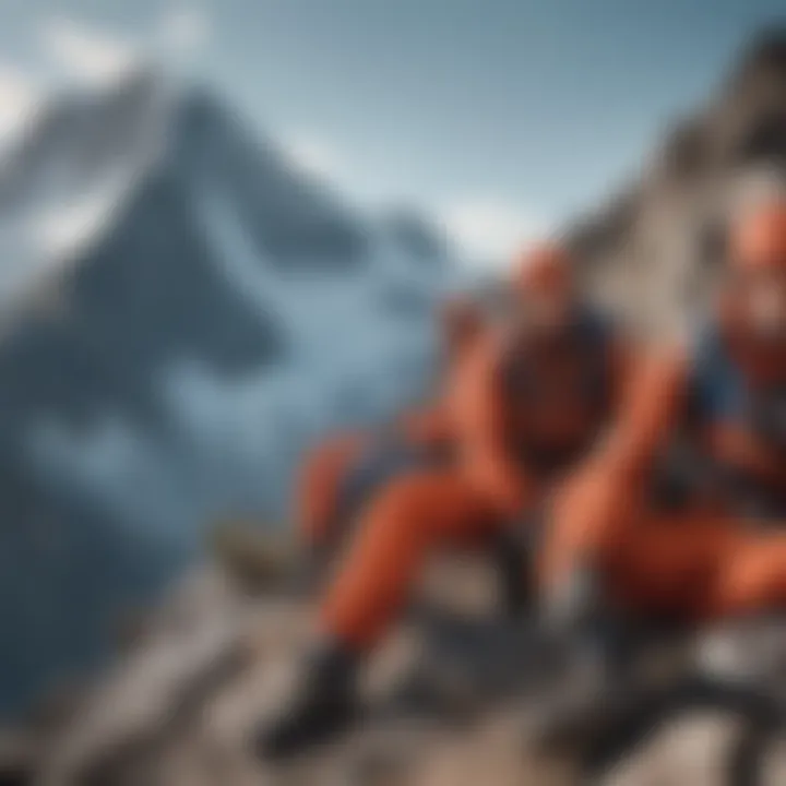 A group of climbers taking a break at a high elevation with visible fatigue