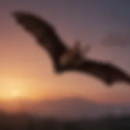 A bat in flight at dusk showcasing its wingspan against a twilight sky.