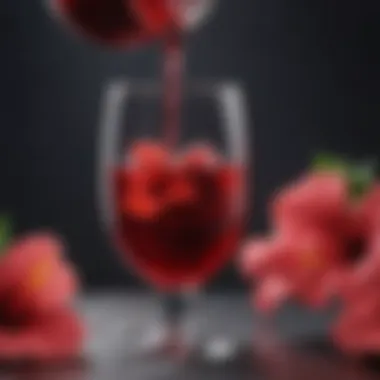 A close-up of hibiscus tea being poured into a glass, highlighting its rich color