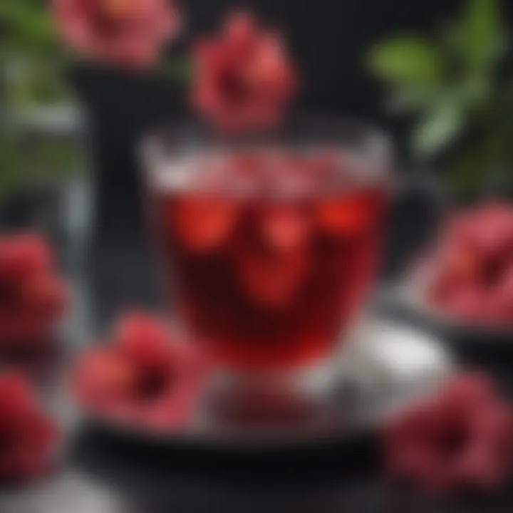 A vibrant cup of sabdariffa hibiscus tea surrounded by fresh hibiscus flowers