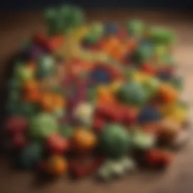 Colorful Display of Nutrient-Rich Foods Fresh fruits and vegetables arranged creatively on a wooden table