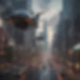 Futuristic city skyline with drones navigating through the air