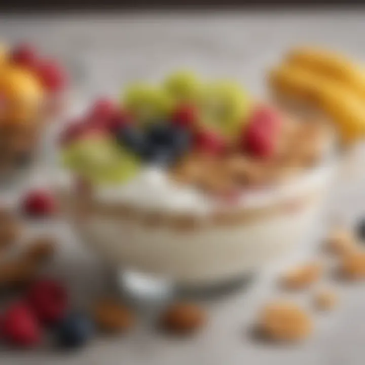 Close-up of a yogurt bowl topped with nuts and fruits