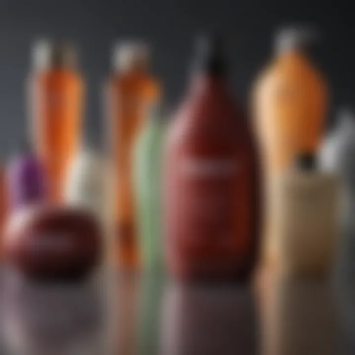 A selection of various shampoo bottles arranged artistically.