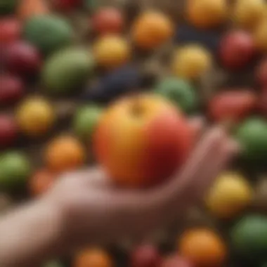 A close-up of a farmer's hand holding a uniquely shaped fruit, symbolizing agricultural diversity.