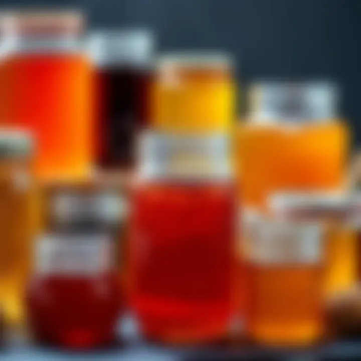 Various types of medicinal honey in jars showcasing their unique colors and textures
