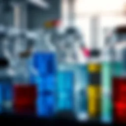 A laboratory setup showcasing various toxic substances in glass containers.