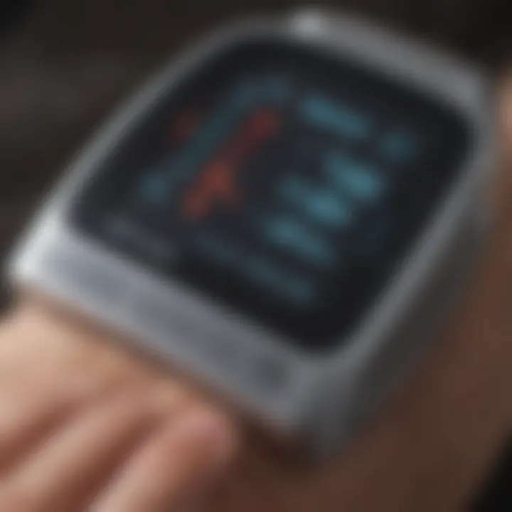 Detailed view of a finger blood pressure monitor displaying readings