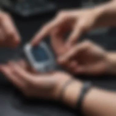 Health professionals discussing finger blood pressure monitors