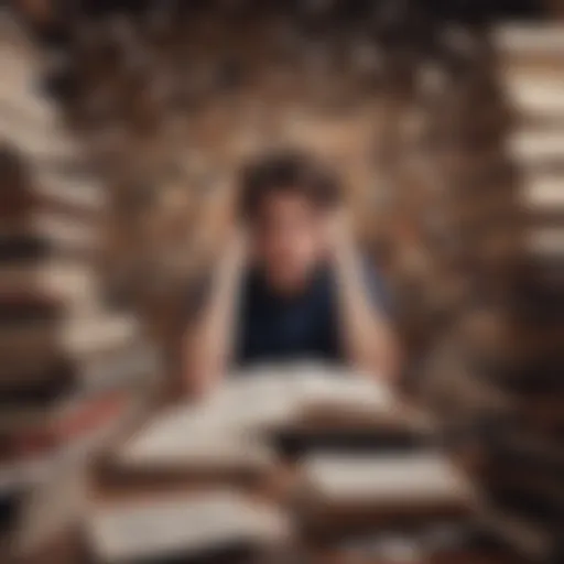 A student surrounded by books and notes, looking stressed
