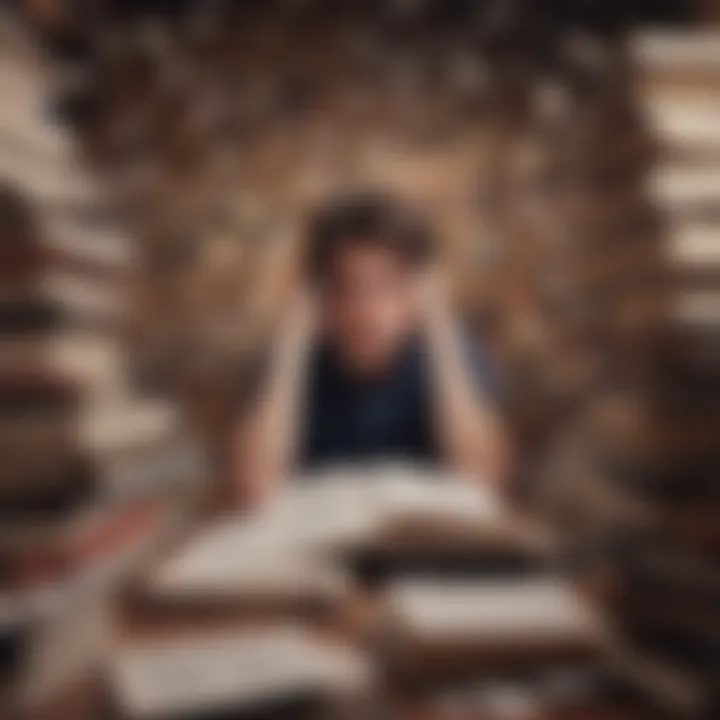 A student surrounded by books and notes, looking stressed