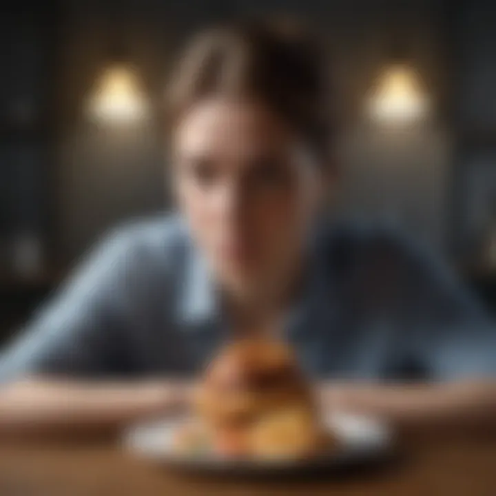A contemplative individual reflecting on their relationship with food