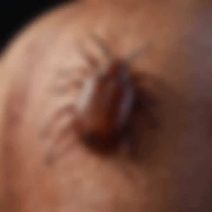 Detailed view of a tick on skin showcasing its morphology