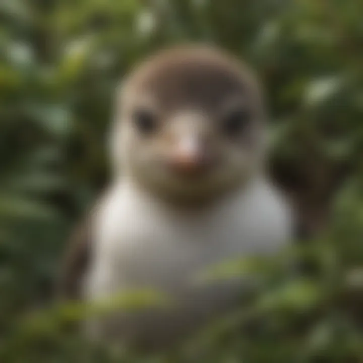 A close-up of a yellow-eyed penguin chick nestled among the vegetation.